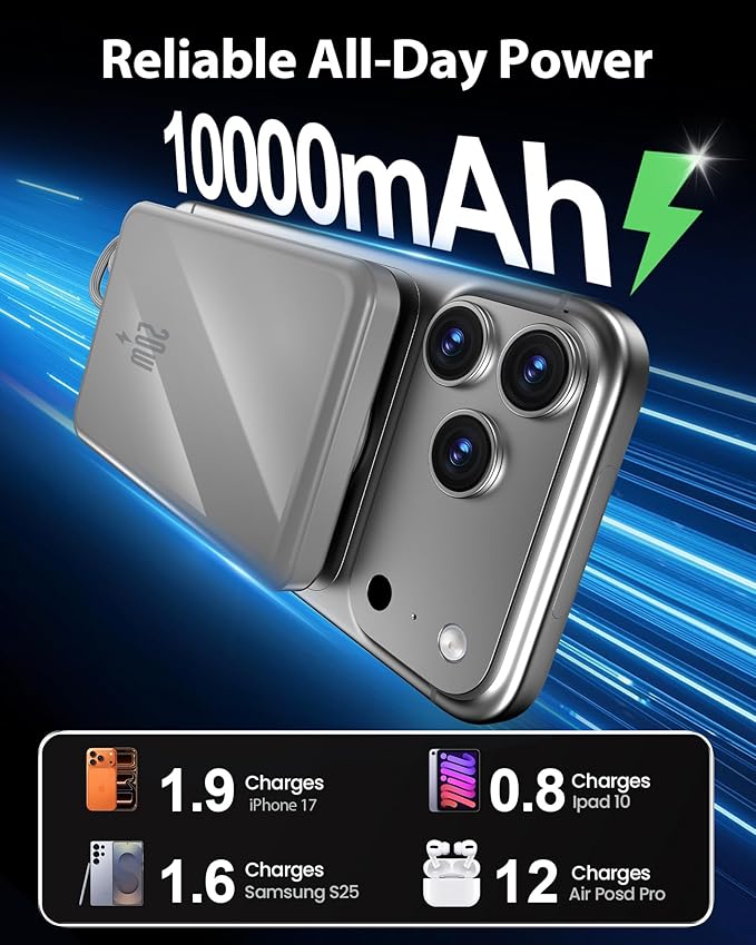 golioklsy Portable Charger Power Bank, 10000mAh Phone Charger with Built-in Cable, 20W PD Fast Charging, Slim Battery Pack with LED Display, Travel Essential for iPhone 17/16/15/14 All Series, Grey