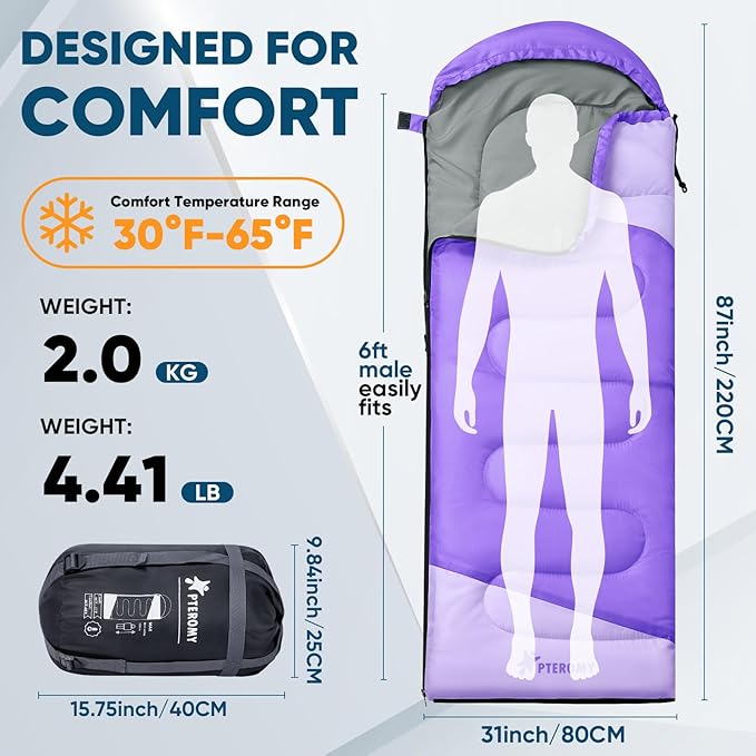 PTEROMY Sleeping Bags for Adults, Lightweight and Machine Washable, Water Resistant Backpacking Camping Sleeping Bag for Warm Cold Weather, Camping Essentials for Hiking Travel