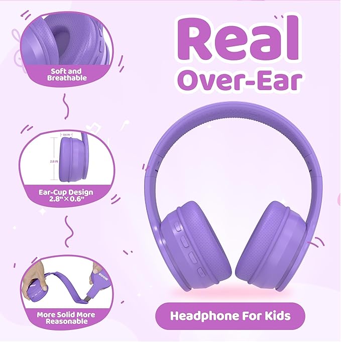 MIDOLA Kids Bluetooth Headphones 68H Play Time,Volume Limit 85/94dB, Foldable Lightweight Wireless Over-Ear Headphone for Kid Toddler Child Pad Tablet,Headsets with Built-in Mic Light Purple