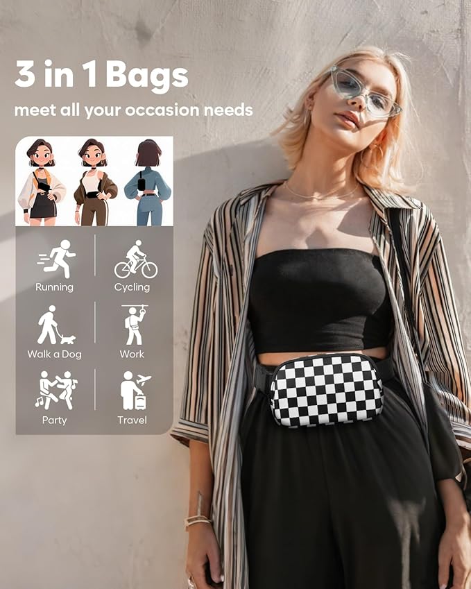 Pritent Fanny Packs for Women Cross Body Bag Waterproof Belt Bag with Adjustable Strap and Zipper Back Pocket Small Crossbody Bags Fashion Waist Packs for Workout Travelling(Checkered Black, Large)