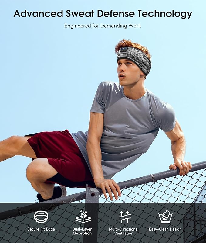 MUSICOZY Sleep Headphones Bluetooth 5.4 Headband, Wireless Earphones Music Sleep Earbuds Sleeping Eye Mask with HD Stereo Speakers for Workout Running Travel Yoga, Ideal Gifts (Stripped Gray)