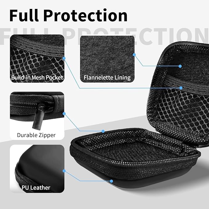 Square Earbud Case Portable EVA Carrying Case Storage Bag Tech Pouch Cell Phone Accessories Organizer with Carabiner for Earphone, Earbud, Earpieces, SD Memory Card, Camera Chips, Black