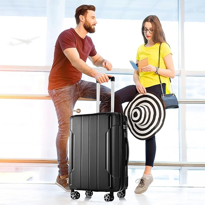 2 Piece Luggage Set, Hardside Suitcase with Spinner Wheels, TSA Lock & Expandable Hard Shell, Carry on and Checked Luggage for Travel, Maletas de Viaje for Men & Women (Black, 20+28Inch)