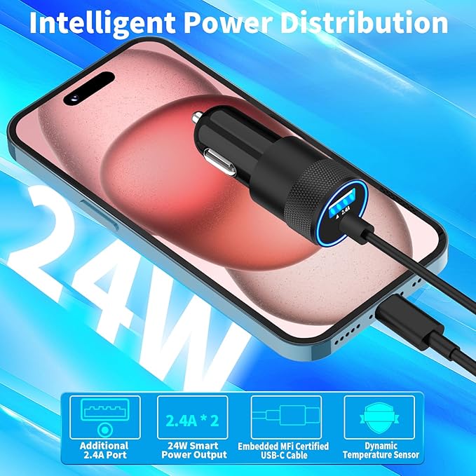 【Apple MFi Certified】iPhone 17 Car Charger, Caiinei 4.8A USB Car Power Cigarette Lighter Adapter USB-C Carplay Fast Charger + 6FT Type-C Cord for iPhone 17/17 Air/17 Pro Max/16/15/Galaxy S25/S24/Pixel