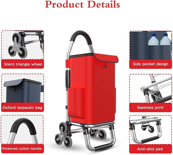 Lightweight Folding Cart on 6 Wheels 36L Stair Climbing Trolley with Detachable Waterproof Oxford Bag for Groceries Shopping and Travel - Red