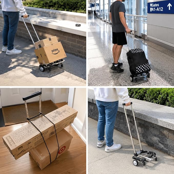 Japard Luggage Cart with 2 Wheels Foldable, Purse Trolley, Portable Travel Dolly Compact Air Travel Loadable 55 lbs, Smallest Folding Carrying Cart Light Weight