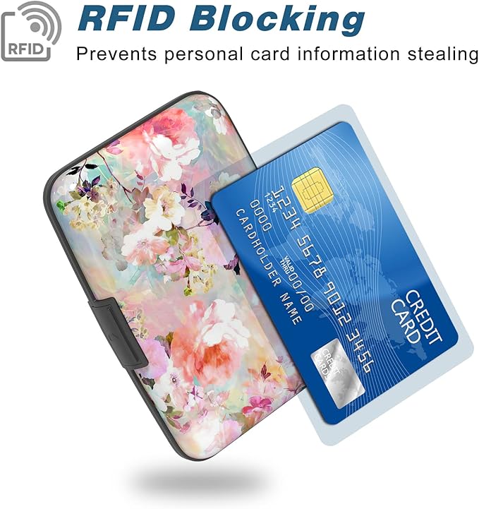 Credit Card Holder, Mini Aluminum Card Wallet RFID Blocking Slim Metal Hard Card Case for Women Men, Pink Flowers