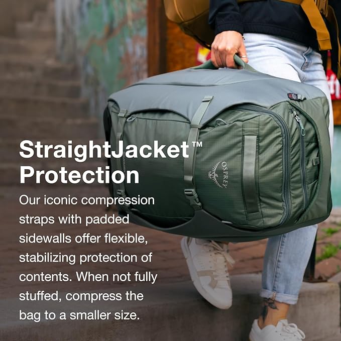 Osprey Sojourn Porter 65L Travel Backpack - Carry-On Compliant Luggage with StraightJacket Compression and Padded Laptop Sleeve - Durable Pack for International or Urban Travel, Koseret Green