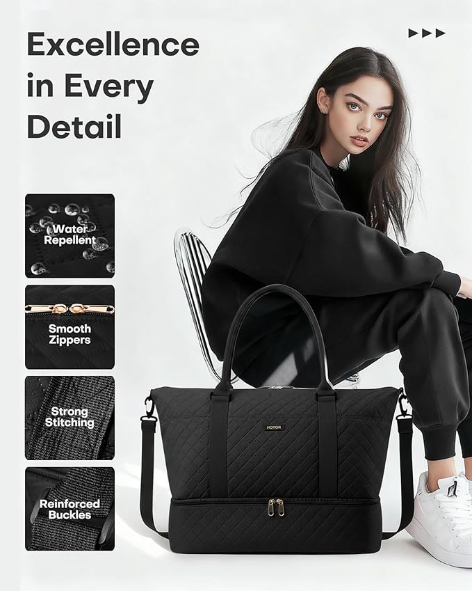 HOTOR Travel Duffel Bag - Weekender Bags for Women, Gym Tote Bags with Shoe Compartment, Carry On Overnight Bag with Toiletry Bag for Travel Essentials and Travel Accessories, Black, 13.4"×17.3"×7.9"