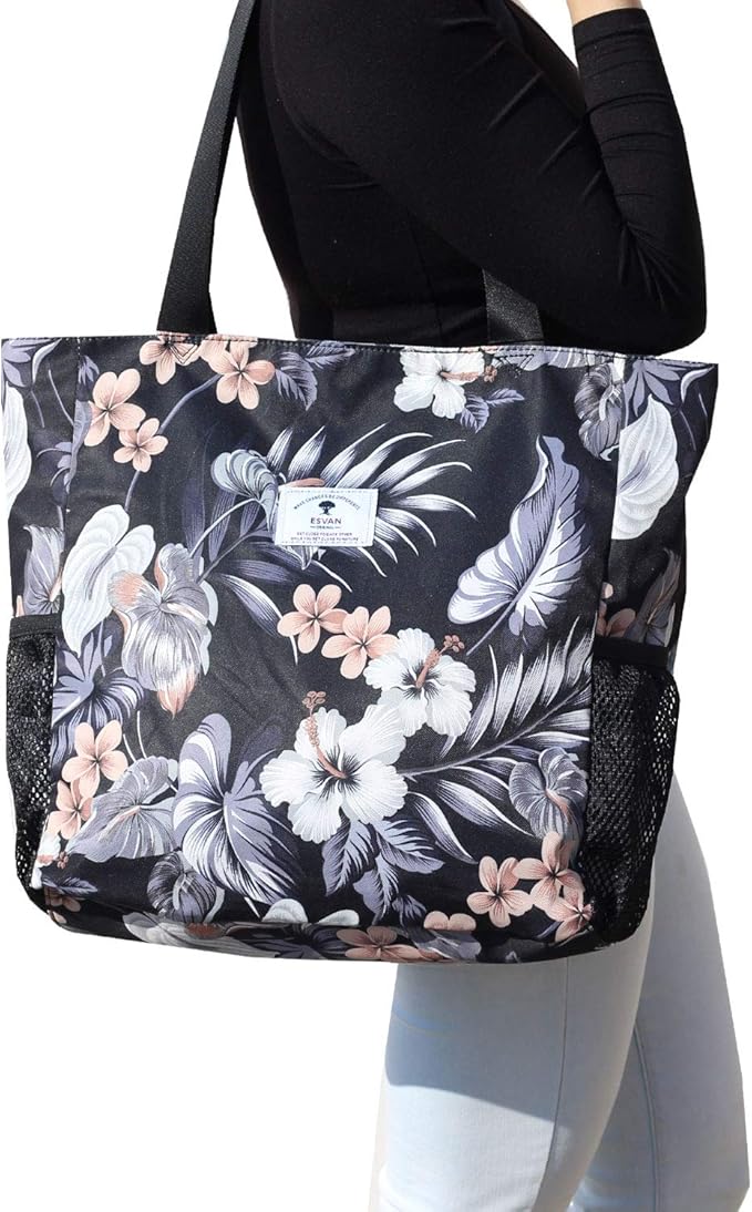 ESVAN Original Floral Tote Bag Large Shoulder Bag with Multi Pockets for Gym Travel Beach Daily Bags