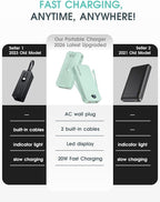 citicr Portable Charger Power Bank, 20000mAh PD20W USB C Fast Charging with Built-in Cables & Wall Plug, External Battery Pack with LED Display, Travel Essential for iPhone, iPad, Samsung Green