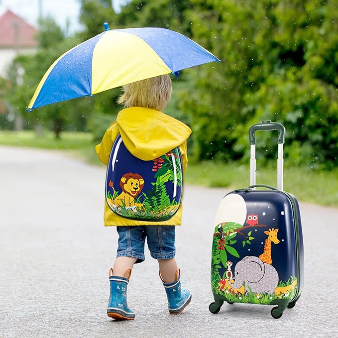 BABY JOY 2 PC Kids Luggage, 16" Toddlers Carry-on Suitcase & 12” Backpack Set, Children Travelling Case w/ 4 Casters & Retractable Handle, Lightweight Trolley Case for Boys & Girls (Elephant)
