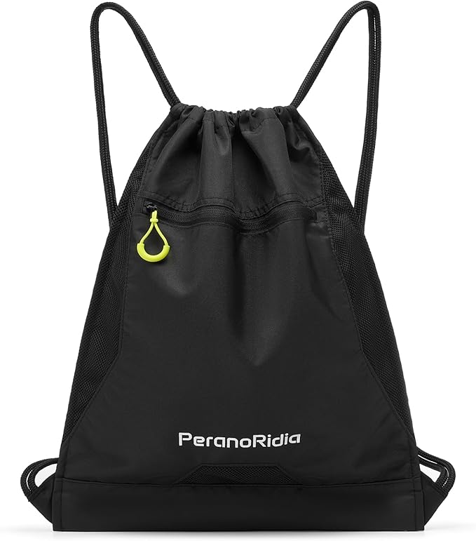 Waterproof Sackpack Drawstring Backpack for Men/Women, Lightweight Sports Bag Holds Shoes for Gym, Beach, Swim, Hiking, Running & Cycling, Anti-Stain with Quick-Access Mesh Pocket, Black