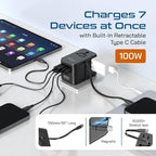 Ceptics GAN 100W Universal Travel Adapter with Retractable USB-C Cable, 2X USB-A & C, Universal Input and 1x USA/JP Input, 7 in 1 Universal Adapter for Worldwide Travel - Type A, C, G, I Output