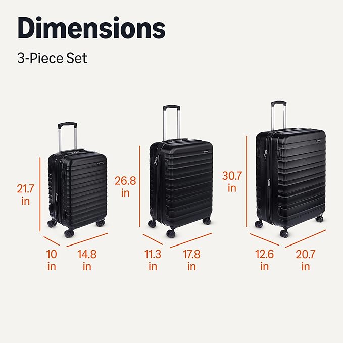 Amazon Basics 3-Piece Hardshell Luggage Set (21", 26", 30"), Scratch-Resistant Expandable Suitcases with Multi-directional Wheels and Telescoping Handle, Black