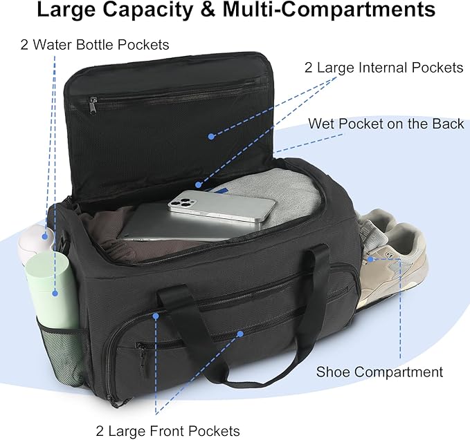 Gym Bag for Men Women, Sport Duffle Bag with Wet Pocket & Shoes Compartment, Water Resistant Overnight Weekender Bag Duffel Bag