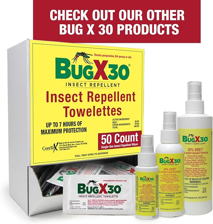 CoreTex Bug X 30 Mosquito, Tick, & Insect Repellent Wipes with 30% DEET - Pack of 25 Single-Use Bug Repellent Wipes for Up to 7 Hours of Reliable Protection Against 12 Types of Biting Insects