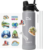 Swigina [2-IN-1 LID] Insulated Water Bottle with Silicone Boot (36hrs Cold/18hrs Hot) - DIY Stickers, Leakproof, BPA Free, 24 oz