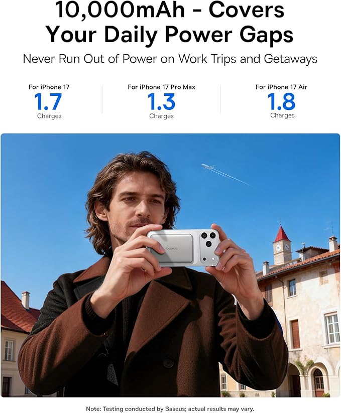 Baseus Picogo Power Bank, 0.5" Ultra Slim 10000mAh MagSafe Portable Charger, Upgraded CCC Certified 27W Fast Charging Magnetic Battery Pack, Alloy Wireless Charger for iPhone 17/16/15/14/13/12