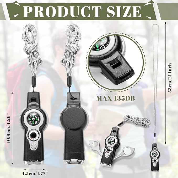 Arrowbash 12 Pack Emergency Survival Whistle 7-in-1 Compass Hiking Survival Safety Whistle with Lanyard Outdoor Multifunctional Tool Ideal for Hiking Camping Rescue Signaling
