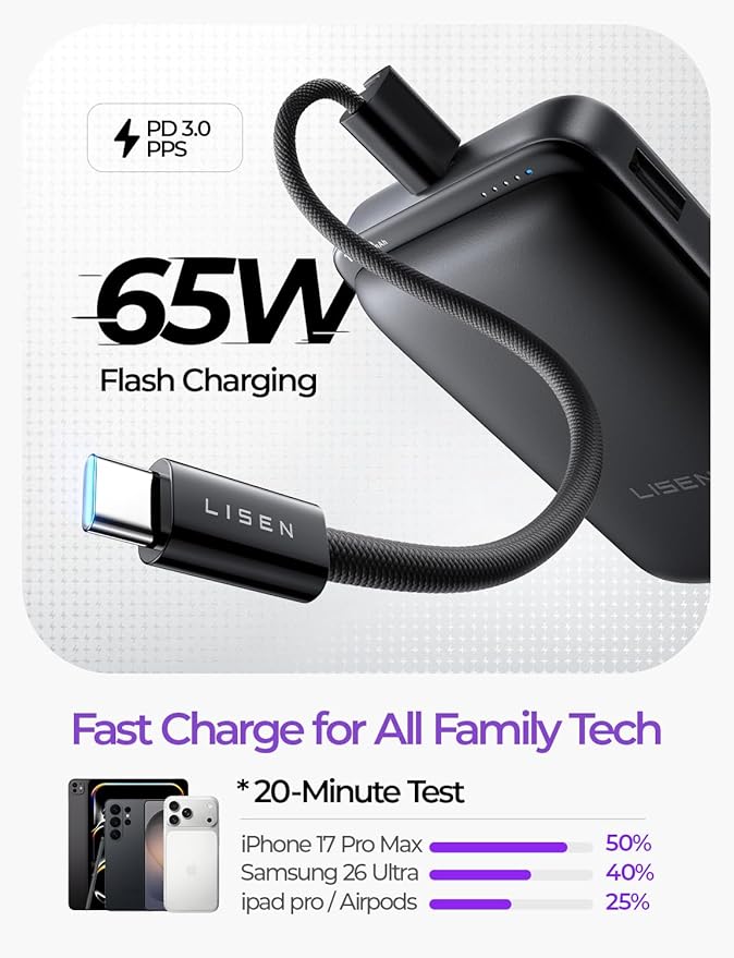 LISEN Qi2.2 25W for Magsafe Power Bank, 65W USB C Fast Charging, 10000mAh Magnetic Wireless Portable Charger with Detachable Cable, Small Battery Pack Compatible with iPhone 15/16/17 (Black)