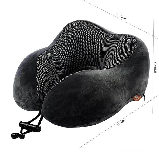Memory Foam Travel Pillow, Neck Pillow with 360-Degree Head Support, Comfortable and Lightweight, Ideal for Sleeping on Airplane, Car, Train, Bus and Home Use, Comes with Storage Bag (Grey)