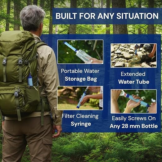 Personal Water Filter - Emergency Water Filter Straw, Portable Water Filtration System - 400 Gallon Capacity for Camping, Hiking, Backpacking & Travel - Includes 480ML Reservoir & Tube (1)