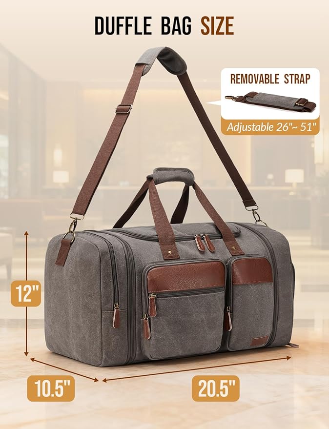 Canvas Duffle Bag for Travel 50L Expandable Travel Duffel Bags for Men Women Overnight Weekend Gym Bag with Shoes Compartment - Grey