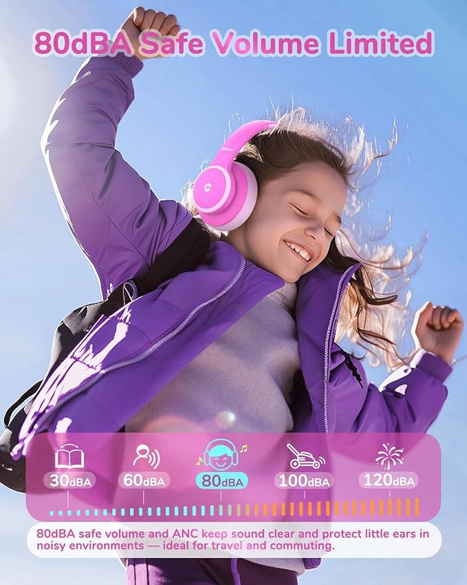 iClever BTH26 Active Noise Cancelling Headphones for Kids, 60H Play Time, Safe Volume 80dBA, Type C Fast Charging, Bluetooth5.4, Kids Bluetooth Headphones with Mic AUX Cord for iPad Airplane, Pink