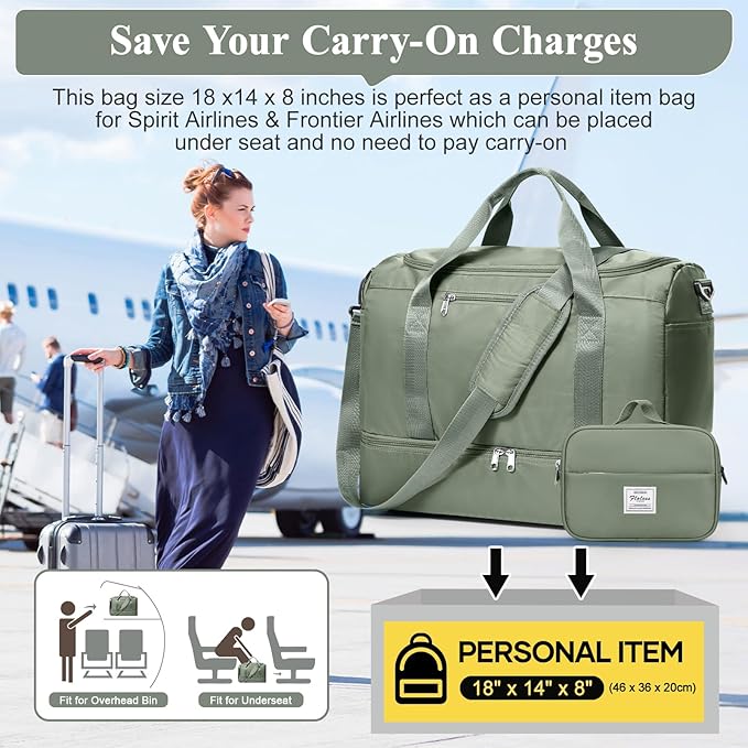 Travel Duffel Bag for Women, Carry-on Overnight Weekender Bags with Wet Pocket & Toiletry Bag, For Spirit Airlines 18x14x8 Personal Item Bag,3 Pcs Set,Small,Olive Green