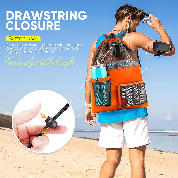 HOHOM Swim Mesh Beach Bag, Waterproof Gym Bags for Women and Men, Large Pool Bag Swimming Gear Drawstring Backpack
