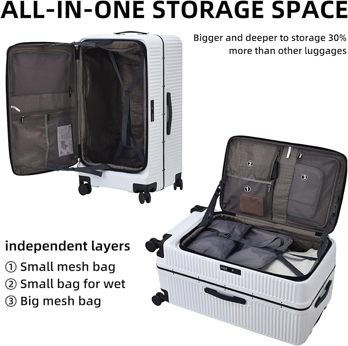 Kaleenie 2 pieces 20/29 Aluminum Frame Carry On and Checked Luggage Set with Side Opening, Lightweight Hardshell ABS+PC Trunk Suitcase with TSA Lock, 360° Universal Wheels & Adjustable Handle, White