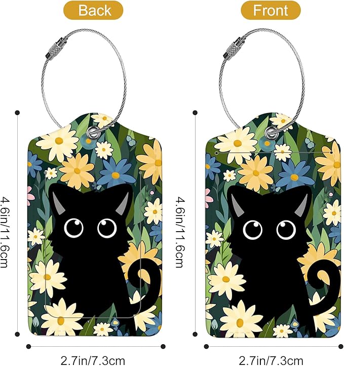 2Pack Luggage Tags for Suitcases, Cute Unique Pu Leather Cruise Luggage Tag with Privacy Cover ID Label Address Card and Metal Ring Suitable for Women Men Kids Travel Bag Yellow Flowers and Cats