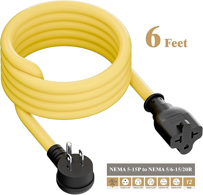 Right Angle Four-in-One 12AWG Heavy Duty 15 Amp Household AC Plug to 20 Amp T Blade Adapter Cable,5-15P to 5-20R/6-15R/6-20R, 4 in 1,15A 125V to 20A 250V Adapter Cable 6FT