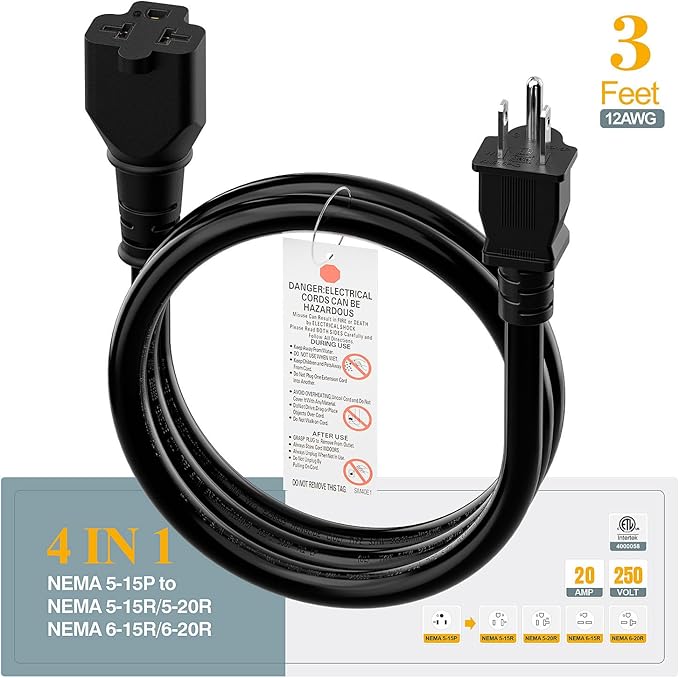 (3Feet) NEMA 5-15P Extension Cord, Plugrand NEMA 5-15P to 5-15R/ 5-20R/ 6-15R/ 6-20R AC Adapter Cord, 12AWG 15 Amp to 20 Amp T Blade Adapter Cable, 15A 125V to 20A 250V Extension Cord