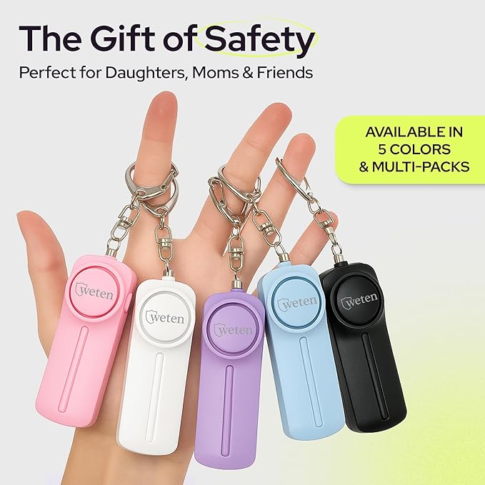 Personal Safety Alarm Keychain for Women - 130dB Siren, LED Light, Panic Pin – Self-Defense Device and Emergency Whistle Alternative for College, Travel, and Night Walk Protection by Weten (Blue)