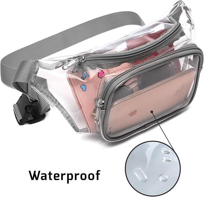 Veckle Clear Fanny Pack Stadium Approved - Adjustable 33-47 Inch Strap, Transparent Belt Bag for Women Men Fits 7.5-inch Smartphone, Waist Bag Clear Bag for Stadium Events, Sport, Concerts, Grey