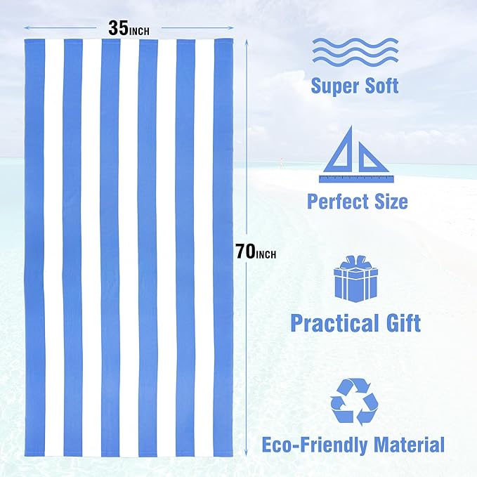 HENBAY Large Oversized Beach Towel - 35 x 70 Inch Microfiber Pool Towel, Blue Striped Quick Dry Cabana Swim Towel