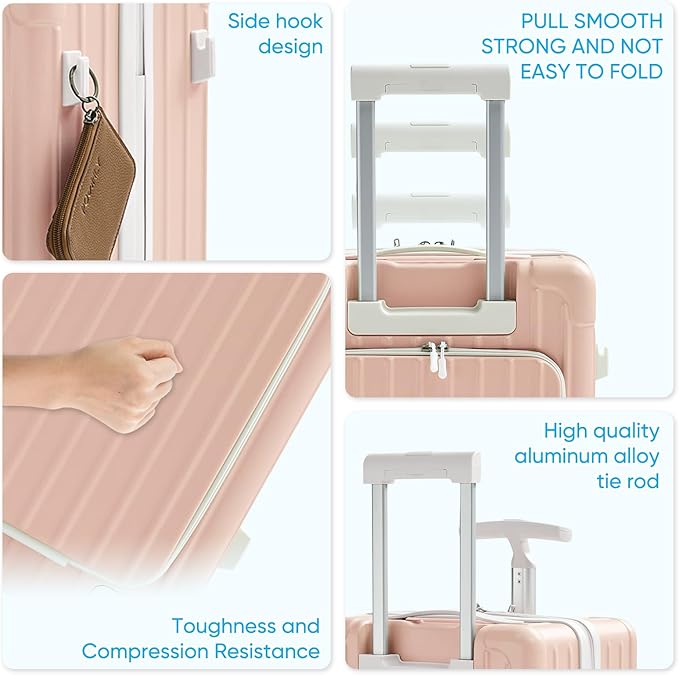 TABU 20" Carry on Luggage with Seat for Kids & Adults，Front-Opening Hardshell Carry On Suitcase with Double Handles & TSA Lock, Pink