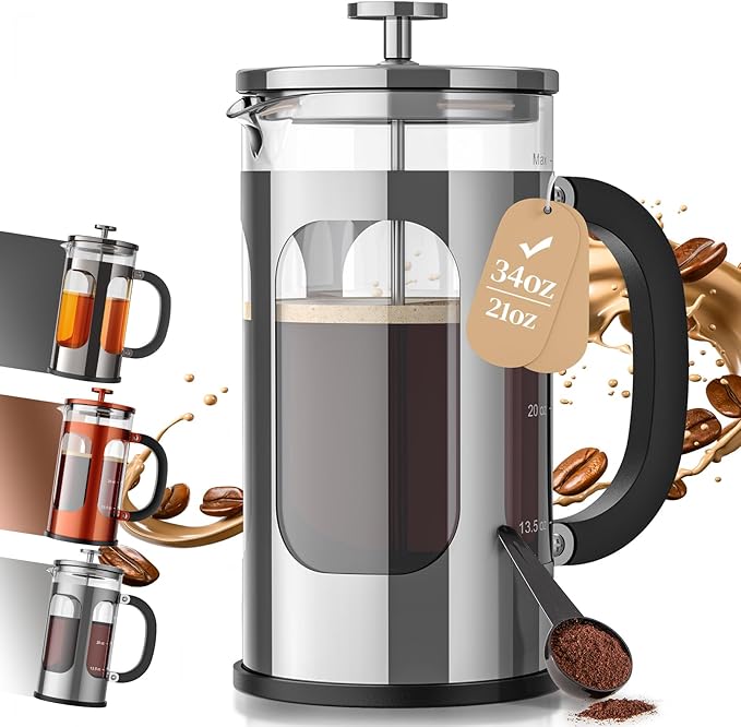 Veken French Press Coffee Maker 34oz 1 L, No Plastic Touching Cafe, Heat Resistant Thickened Borosilicate Glass, Stainless Steel Brewer, Cold Brew Cafetera Teapot for Kitchen Travel Camping, Silver