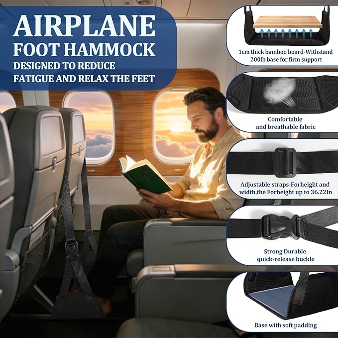Airplane Foot Hammock, Travel Essentials Thickened Bamboo Foot Rest for Plane Travel with Adjustment Strap, Long Flight Must Haves (1-pcs Black)