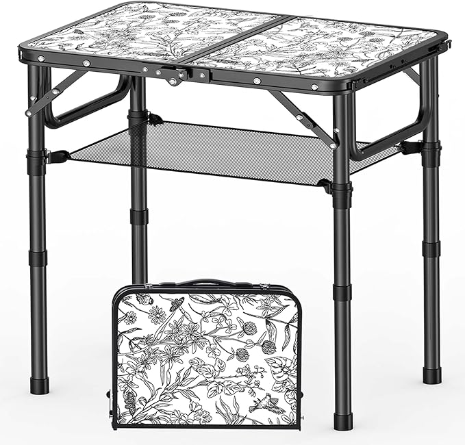 Toile de Jouy-Inspired Camping Table, Vintage French Floral Pattern Folding Table, Adjustable Height, Lightweight & Portable Outdoor Picnic Table with Carry Handle for Patio, Living Room, Travel