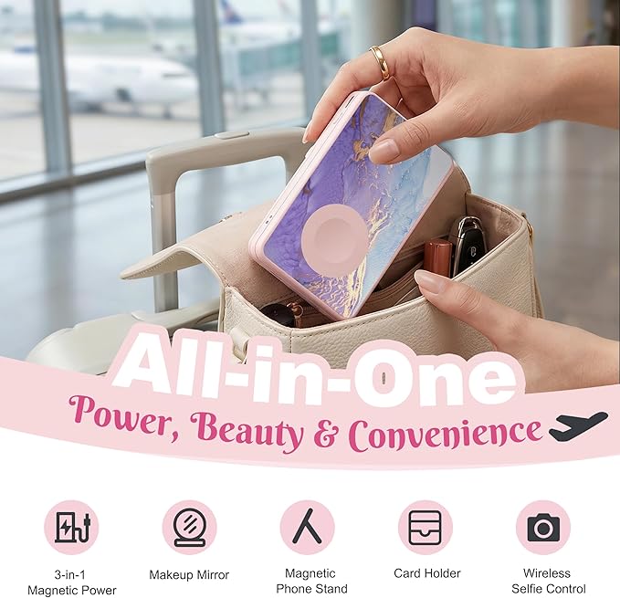 5-in-1 Magnetic Power Bank, 5000mAh Portable Wireless Charger with Mirror, Stand, Bluetooth Remote & Card Holder, MagSafe Compatible Travel Essential for iPhone & Samsung, USB-C Cable Included