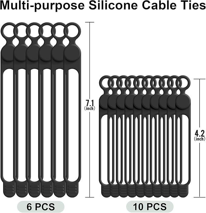 Silicone Cable Ties Cord Organizer for Cable Management, 16PCS 4.2" and 7.1" Reusable Cable Organizer Electronic Accessories for Home, Office, Kitchen, School, Travel (Black)