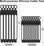 Silicone Cable Ties Cord Organizer for Cable Management, 16PCS 4.2" and 7.1" Reusable Cable Organizer Electronic Accessories for Home, Office, Kitchen, School, Travel (Black)