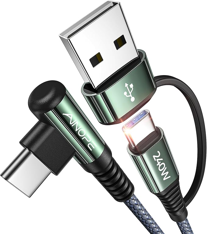 AINOPE 10 FT USB C Cable Fast Charging, 240W USB-C Charge Cable with Adapter, Fast Charger USB C Cable Supports 100W, Right Angle USB C Fit MacBook Pro/Air, iPad Pro/Air, iPhone 17/16/15, 10FT Grey