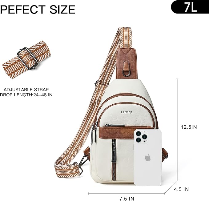 LATMAP 7L Sling Bag For Women Men Backpack Fanny Pack Crossbody Chest Travel Shoulder Belt Bags Purse Handbag PU Leather