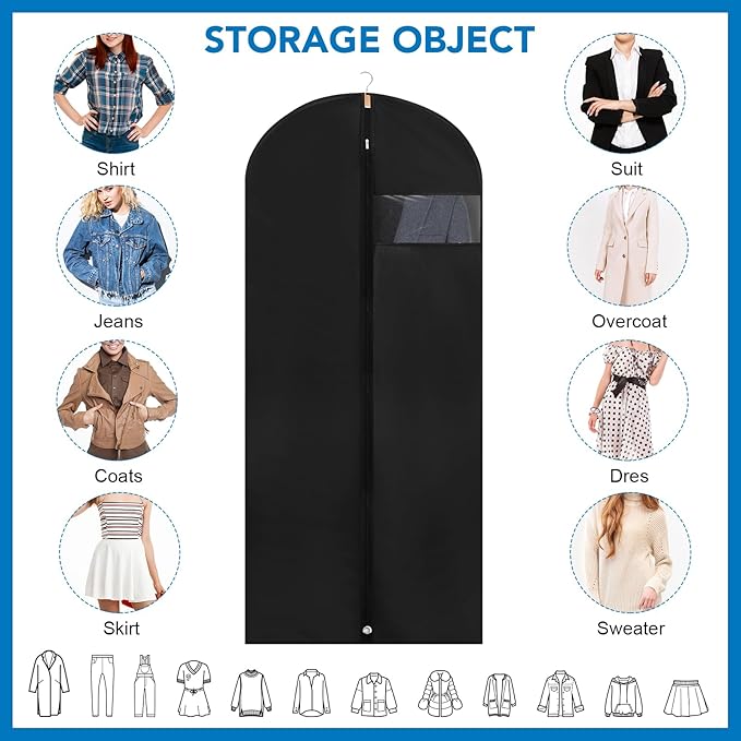 Dntorx 1 Pack Garment Bags with Clear Window, 60" Clothes Covers with Zipper, Transparent Hanging Suit & Coat Covers for Closet Storage, Jackets, Dresses, Windbreakers