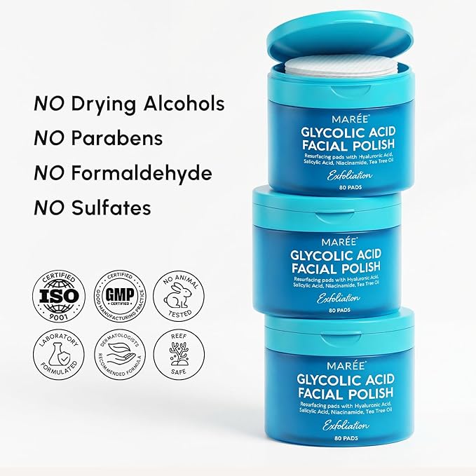 MAREE Glycolic Acid Pads – Toner Pads for Face Cleansing – Exfoliating Pad with Tea Tree Oil, Salicylic Acid & Vitamins E, B3, B5 – Acne Clearing, Skin Pore Resurfacing & Radiance Device - 80 Count