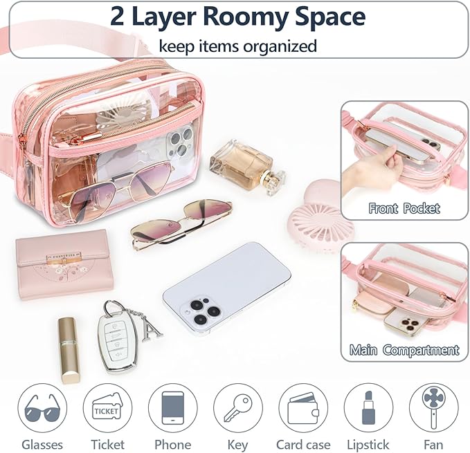 Packism Clear Fanny Pack Stadium Approved - Plus Size 35-51 inches Adjustable Strap Clear Belt Bag for Women Men Transparent Waist Bag for Concerts, Sporting Events, Pink